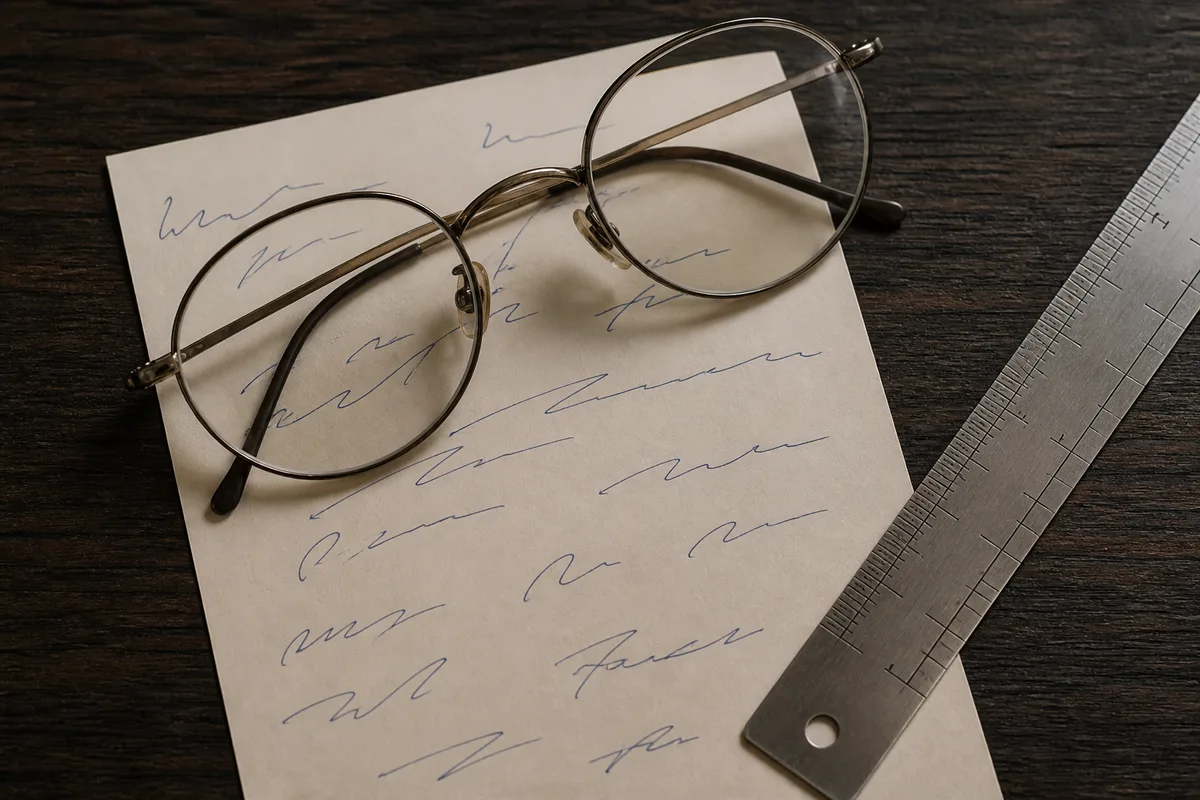 Gros plan sur une paire de lunettes de vue posée sur une ordonnance manuscrite, avec une règle graduée en millimètres