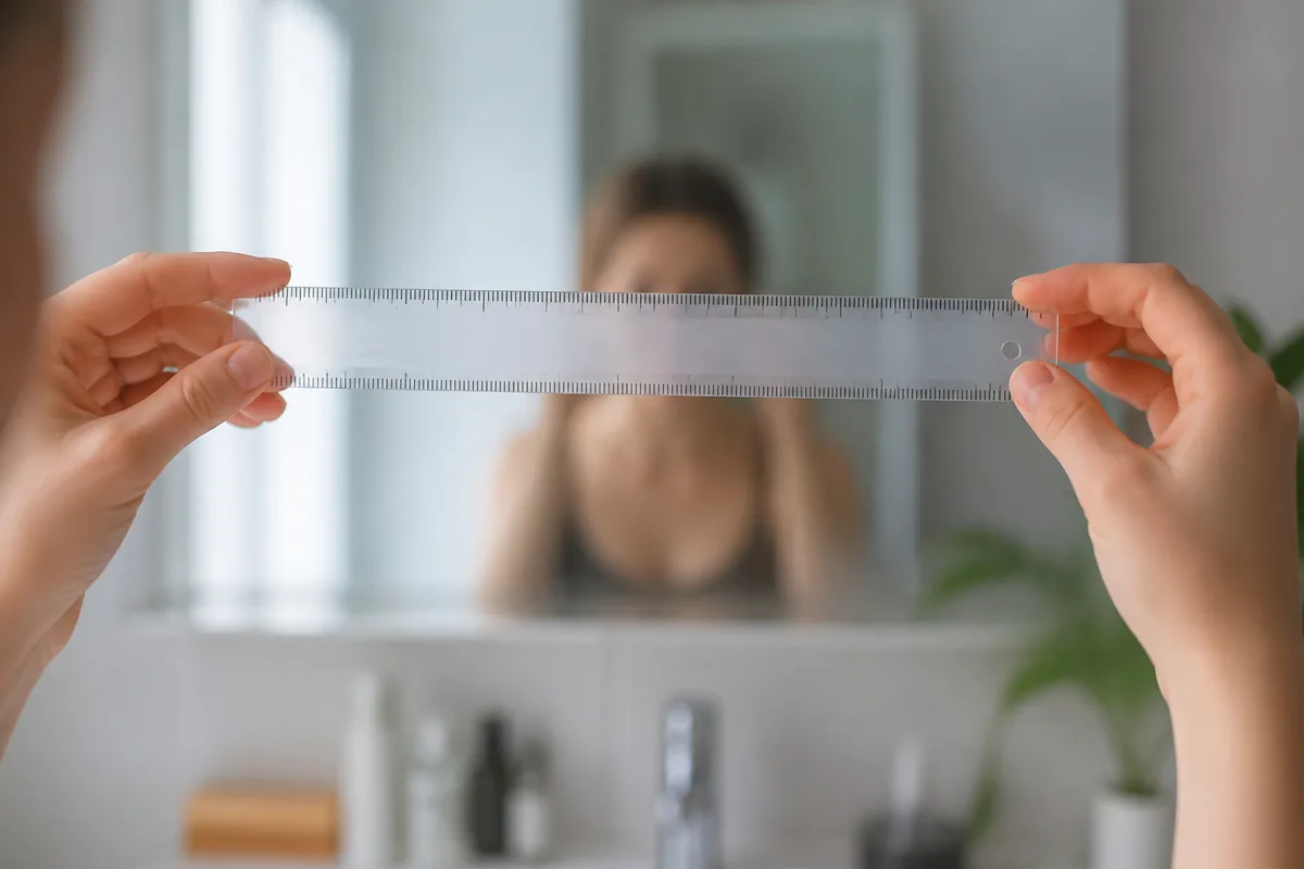 Mains tenant une règle millimétrée devant un miroir, reflet flou d’un visage de trois quarts, lumière naturelle douce