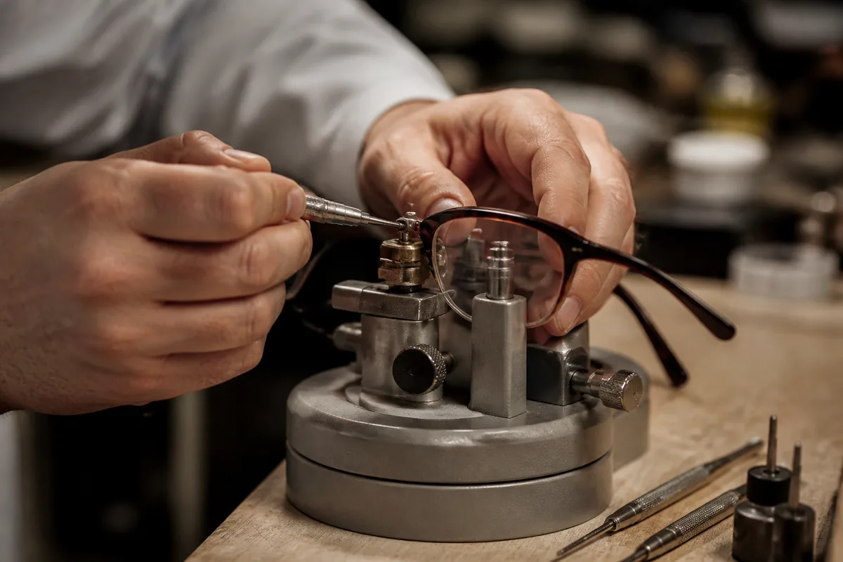 Opticien ajustant une monture sur un banc de contrôle en atelier, focus sur les verres, arrière-plan atelier flou