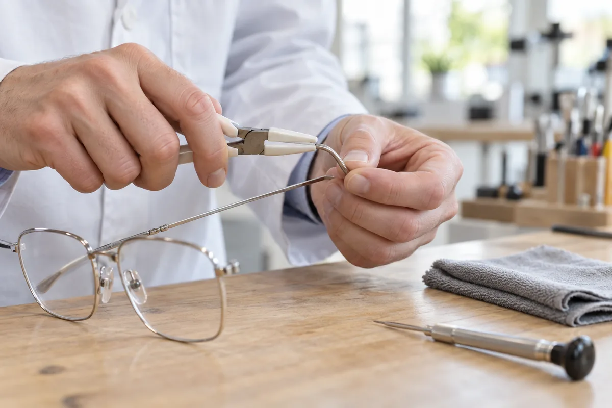 Mains d&rsquo;un opticien recourbant l&rsquo;embout d&rsquo;une branche fine de lunettes à la pince