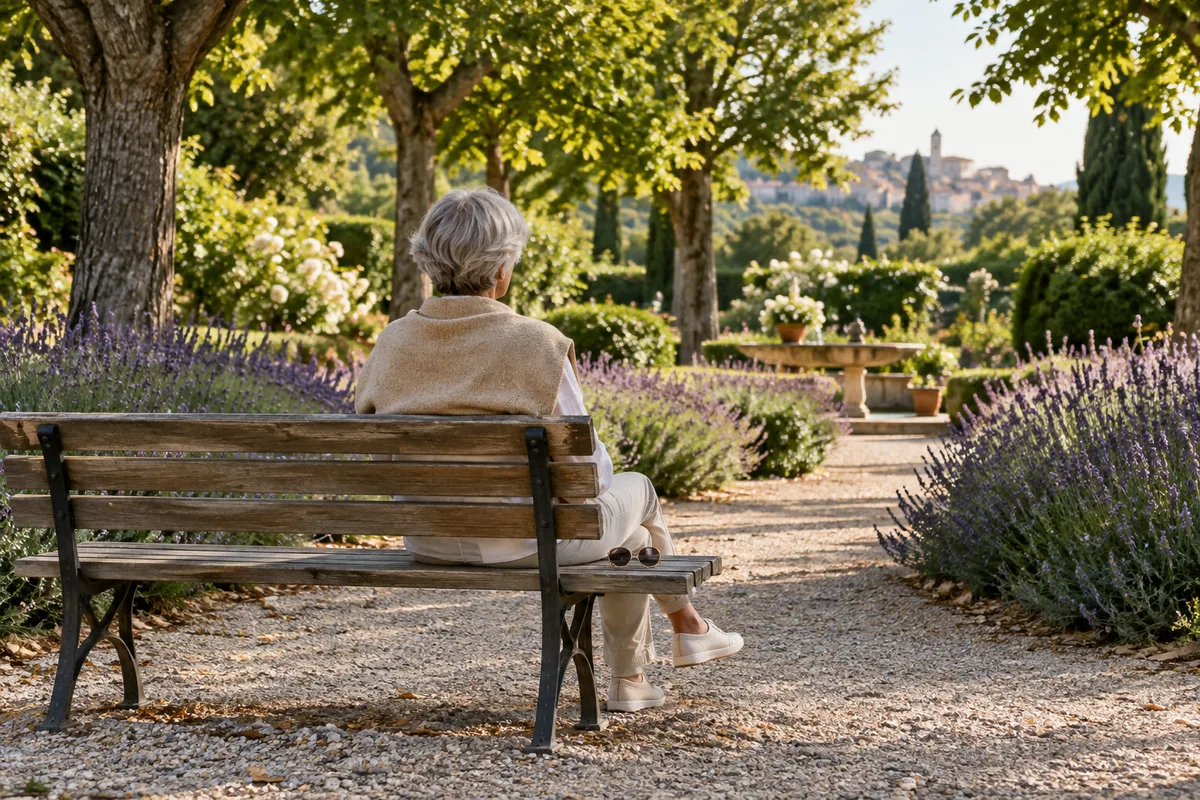 Personne aux cheveux gris vue de dos sur un banc de jardin, lunettes de soleil posées à côté