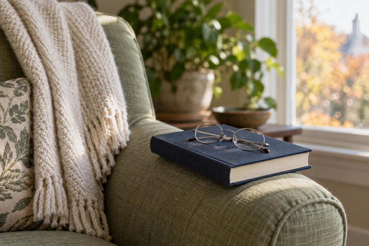 Lunettes de lecture repliées sur un livre fermé posé sur l&rsquo;accoudoir d&rsquo;un fauteuil en lin