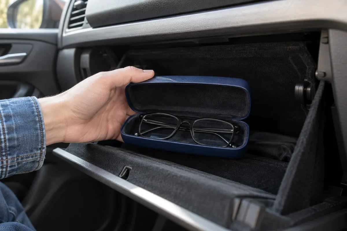 Main saisissant un étui à lunettes rangé dans la boîte à gants d&rsquo;une voiture