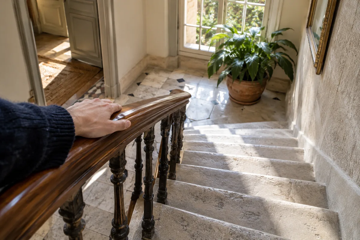 Main posée sur la rampe en bois d&rsquo;un escalier en pierre claire baigné de lumière